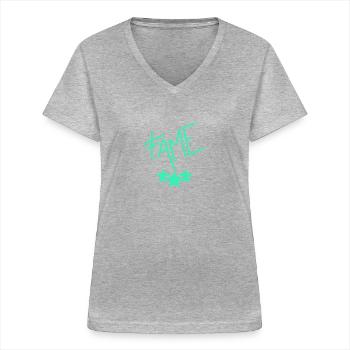 Néon Ruhm / Célébrité - T-shirt col V Femme - gris chiné - Devant - Lela (165cm)