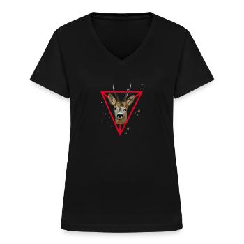 HIRSCH HIRSCHGEWEIH NEON 90s SHIRT MOTIV GESCHENK - Frauen-T-Shirt mit V-Ausschnitt - Schwarz - Vorne - Lela (165cm)