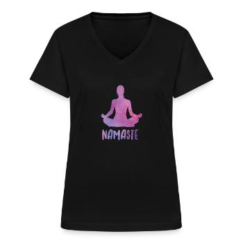 Yoga silhouette with namaste lettering - Women's V-neck T-shirt - black - Front - Lela (165cm)