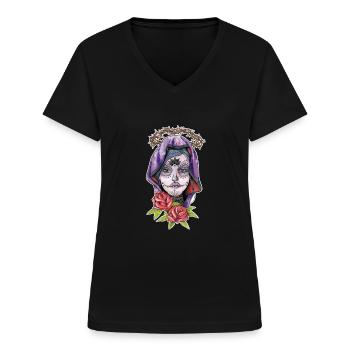 Catrina - Day of the Dead Mexico - Halloween - Women's V-neck T-shirt - black - Front - Lela (165cm)