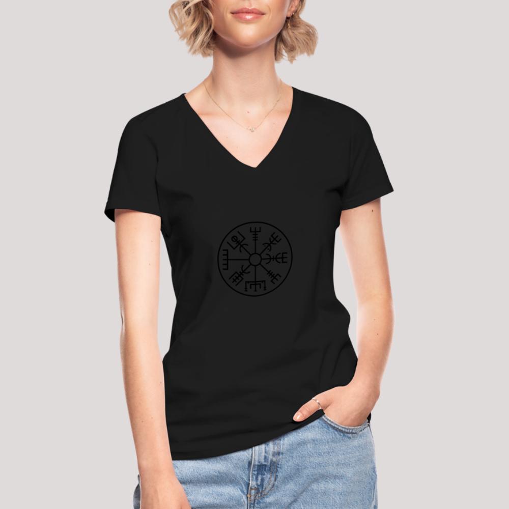 Vegvisir Kreis - Klassisches Frauen-T-Shirt mit V-Ausschnitt Schwarz