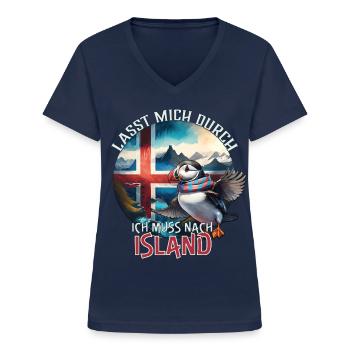 Island - lasst mich durch - Papageientaucher - Frauen-T-Shirt mit V-Ausschnitt - Navy - Vorne - Lela (165cm)