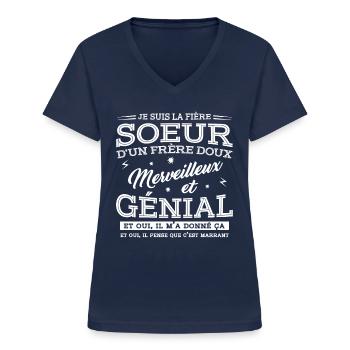 JE SUIS LA SŒUR D'UN FRÈRE DOUX - T-shirt col V Femme - marine - Devant - Lela (165cm)