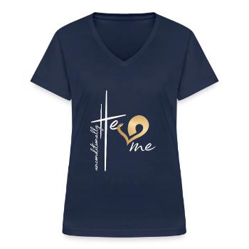 Christliches Design Er liebt mich bedingungslos - Frauen-T-Shirt mit V-Ausschnitt - Navy - Vorne - Lela (165cm)