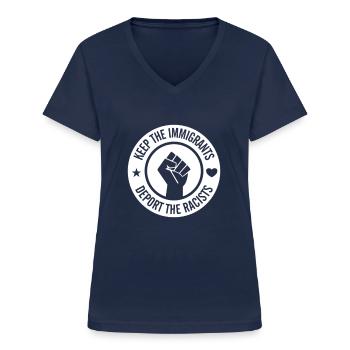 Sprüche gegen Rechts - Stoppt Rassismus - Frauen-T-Shirt mit V-Ausschnitt - Navy - Vorne - Lela (165cm)
