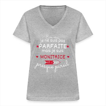 Pas parfaite mais Monitrice - T-shirt col V Femme - gris chiné - Devant - Lela (165cm)