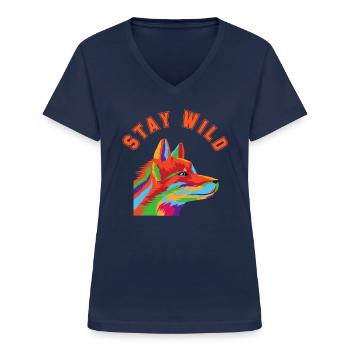 "Stay Wild" Illustriertes Wolf Grafikdesign - Frauen-T-Shirt mit V-Ausschnitt - Navy - Vorne - Lela (165cm)