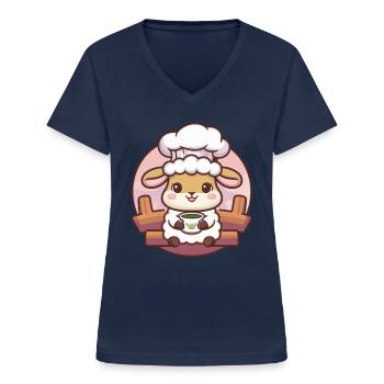 Kawaii sheep loves green tea - Women's V-neck T-shirt - navy - Front - Lela (165cm)