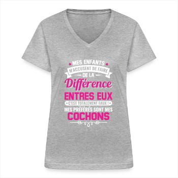 humour fête des mères maman propriétaire cochons - T-shirt col V Femme - gris chiné - Devant - Lela (165cm)
