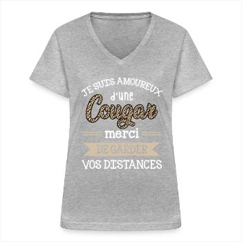 Cadeau Saint Valentin Homme Humour Femme Cougar - T-shirt col V Femme - gris chiné - Devant - Lela (165cm)