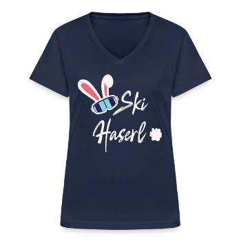 Skihaserl - Skihase - Skifahren - Skiurlaub - Frauen-T-Shirt mit V-Ausschnitt - Navy - Vorne - Lela (165cm)