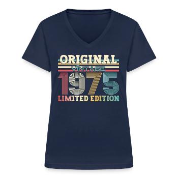 Original 1975 Millésime 1975 Anniversaire 1975 - T-shirt col V Femme - marine - Devant - Lela (165cm)