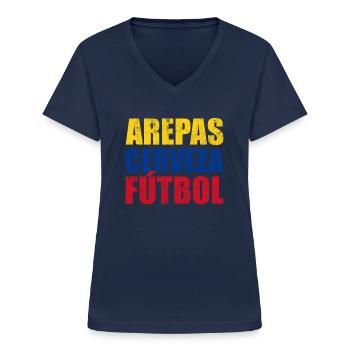 Arepas Cerveza Futbol, Venezuela, Colombia Arepas - Women's V-neck T-shirt - navy - Front - Lela (165cm)
