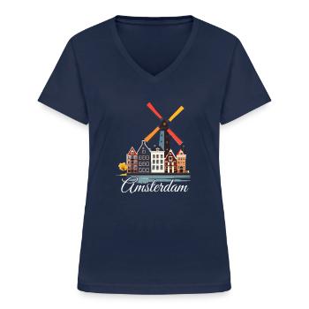 Amsterdam Pays-Bas Néerlandais - T-shirt col V Femme - marine - Devant - Lela (165cm)