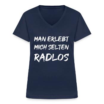 Man erlebt mich selten Radlos - Frauen-T-Shirt mit V-Ausschnitt - Navy - Vorne - Lela (165cm)