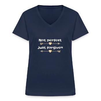 Christliches Design - nicht perfekt, nur vergeben - Frauen-T-Shirt mit V-Ausschnitt - Navy - Vorne - Lela (165cm)
