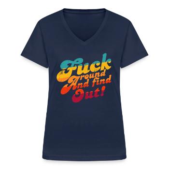 Fick herum und finde fafo f herum und finde es her - Frauen-T-Shirt mit V-Ausschnitt - Navy - Vorne - Lela (165cm)