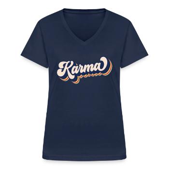 Karma, was herumgeht, kommt um Retro Karma - Frauen-T-Shirt mit V-Ausschnitt - Navy - Vorne - Lela (165cm)