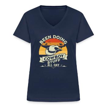 Ich habe den ganzen Tag Cowboy -Sachen Retro Sunse - Frauen-T-Shirt mit V-Ausschnitt - Navy - Vorne - Lela (165cm)