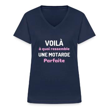 t shirt motarde parfaite humour moto femme motarde - T-shirt col V Femme - marine - Devant - Lela (165cm)