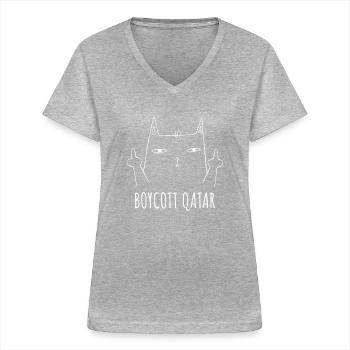 boycott qatar drôle de chat boycott qatar - T-shirt col V Femme - gris chiné - Devant - Lela (165cm)