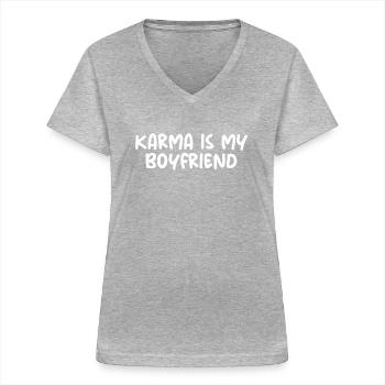 Karma ist mein Freund - Frauen-T-Shirt mit V-Ausschnitt - Grau meliert - Vorne - Lela (165cm)