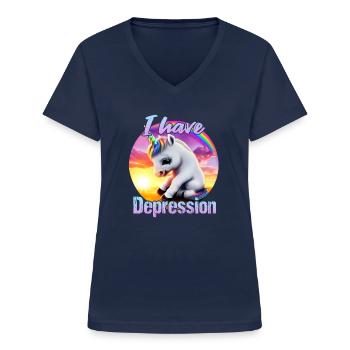 Depressives Einhorn im Sonnenuntergang - Frauen-T-Shirt mit V-Ausschnitt - Navy - Vorne - Lela (165cm)