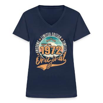 Année 1972 52e anniversaire Original 1972 - T-shirt col V Femme - marine - Devant - Lela (165cm)