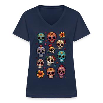 Tête de mort mexicaine - sugar skull - doodle - T-shirt col V Femme - marine - Devant - Lela (165cm)