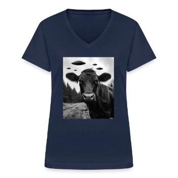 Kuh - Alien Selfie Black Angus UFO - Frauen-T-Shirt mit V-Ausschnitt - Navy - Vorne - Lela (165cm)