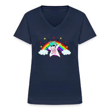 Mega süßes Einhorn mit Regenbogen und Sonnenbrille - Frauen-T-Shirt mit V-Ausschnitt - Navy - Vorne - Lela (165cm)
