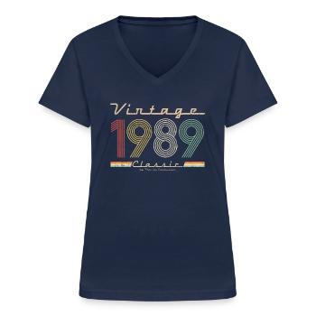 Vintage Classic 1989 Pseudo Geburtstag - Frauen-T-Shirt mit V-Ausschnitt - Navy - Vorne - Lela (165cm)