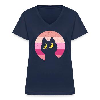 Katze Retro - Frauen-T-Shirt mit V-Ausschnitt - Navy - Vorne - Lela (165cm)