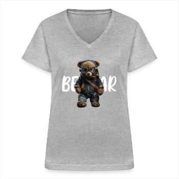 Masques Teddy Bear dark - T-shirt col V Femme - gris chiné - Devant - Lela (165cm)