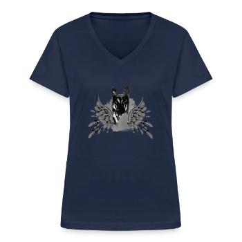 schäferhund ,hund,graffiti, schutzengel,engel - Frauen-T-Shirt mit V-Ausschnitt - Navy - Vorne - Lela (165cm)