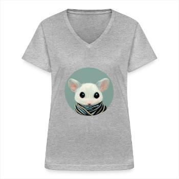 Petite souris blanche avec foulard en cercle - T-shirt col V Femme - gris chiné - Devant - Lela (165cm)