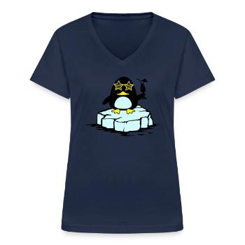 Pingouin de plage Banquise - T-shirt col V Femme - marine - Devant - Lela (165cm)