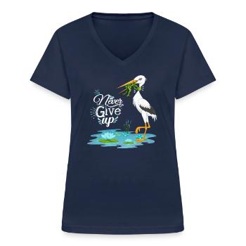 Never Give Up 🐸 Niemals aufgeben Frosch vs Storch - Frauen-T-Shirt mit V-Ausschnitt - Navy - Vorne - Lela (165cm)