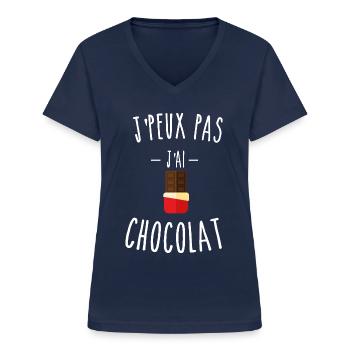 je peux pas j'ai chocolat - tablette - chocolat - T-shirt col V Femme - marine - Devant - Lela (165cm)