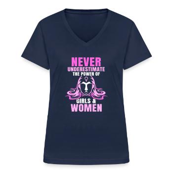 Never underestimate the power of girls & women - Frauen-T-Shirt mit V-Ausschnitt - Navy - Vorne - Lela (165cm)