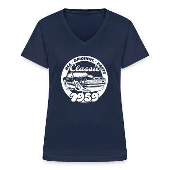 66. Geburtstag - Klassiker Musclecar 07/1959 - Frauen-T-Shirt mit V-Ausschnitt - Navy - Vorne - Lela (165cm)
