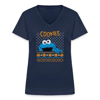 Sesamstraße Krümelmonster Ugly Xmas - Frauen-T-Shirt mit V-Ausschnitt - Navy - Vorne - Lela (165cm)