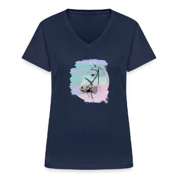 pferdekopf,pferd,aquarell,pink, schimmel,pastell - Frauen-T-Shirt mit V-Ausschnitt - Navy - Vorne - Lela (165cm)