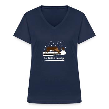LE RENNE DÉNEIGE ! (montagne, ski, hiver) - T-shirt col V Femme - marine - Devant - Lela (165cm)