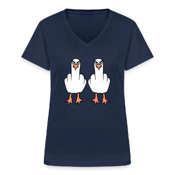 2 Seagulls Doigt d’honneur Insulte Stinkfinger Équipe - T-shirt col V Femme - marine - Devant - Lela (165cm)