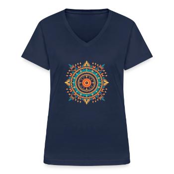 Mandala coloré joyeux - Vastu Yantra - T-shirt col V Femme - marine - Devant - Lela (165cm)