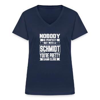 Schmidt Niemand ist Perfekt Geschenk - Frauen-T-Shirt mit V-Ausschnitt - Navy - Vorne - Lela (165cm)