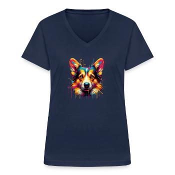 Splash Art Cardigan Welsh Corgi Dad Corgis - Women's V-neck T-shirt - navy - Front - Lela (165cm)
