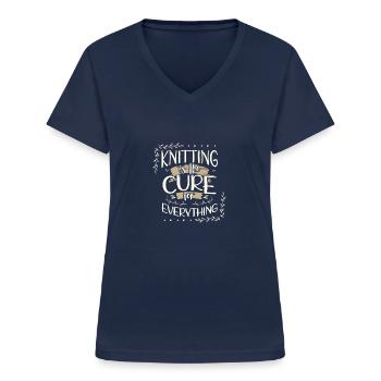 Stricker Geschenk Stricken ist das Heilmittel für alles - Frauen-T-Shirt mit V-Ausschnitt - Navy - Vorne - Lela (165cm)