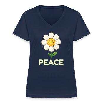Anti-Kriegs-Friedensblume – Retro Smiley Daisy - Frauen-T-Shirt mit V-Ausschnitt - Navy - Vorne - Lela (165cm)